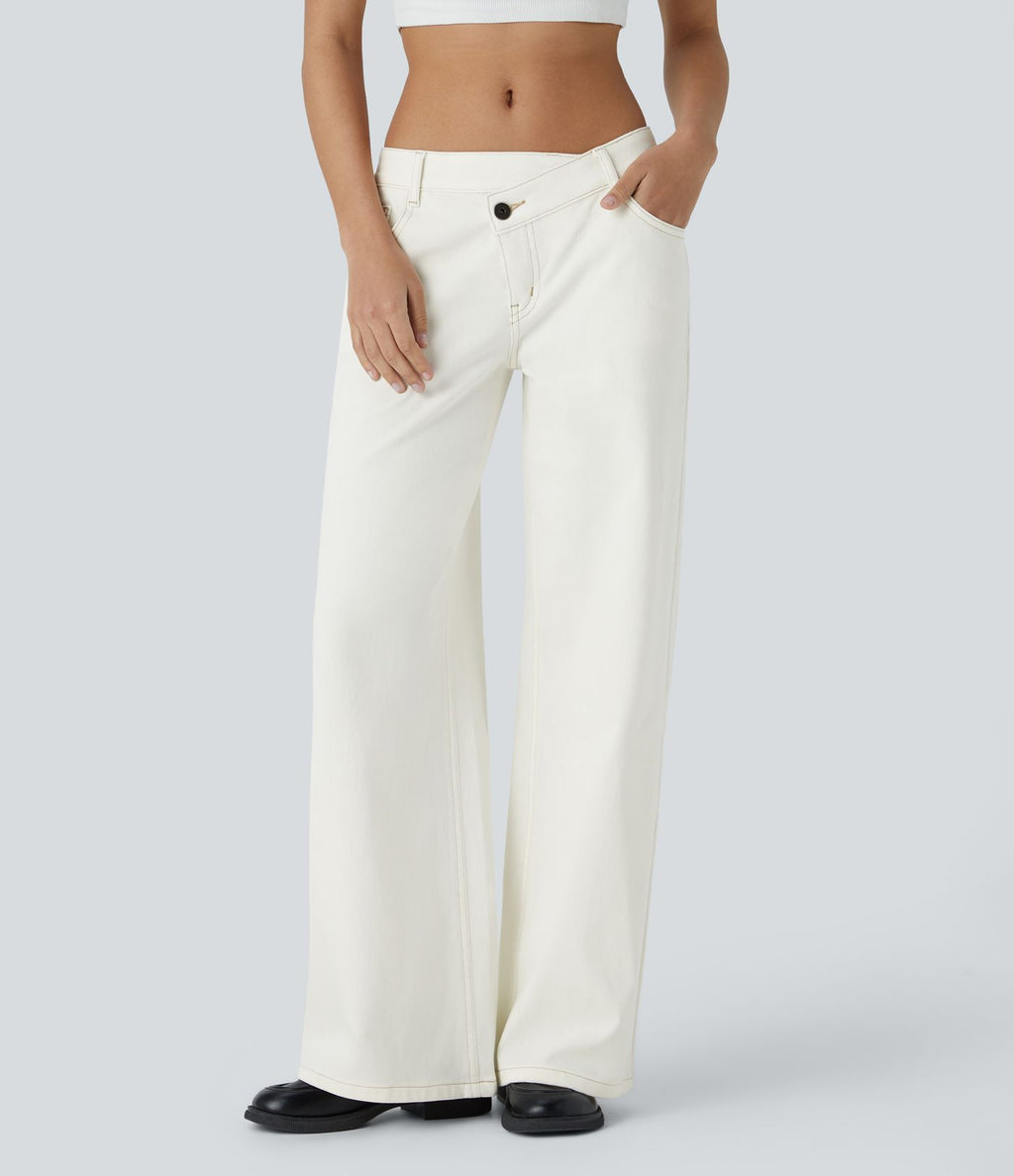 Halara Flex™ Asymmetric Low Rise Zipper Pockets Baggy Wide Leg Washed Casual Jeans