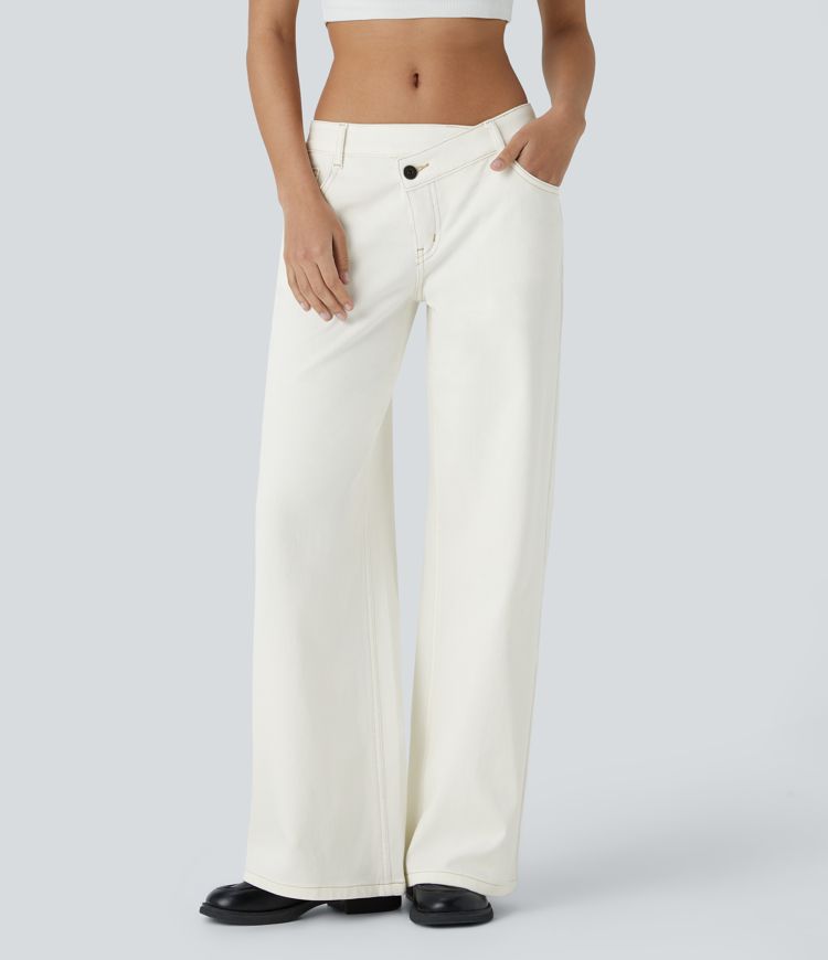 Halara Flex™ Asymmetric Low Rise Zipper Pockets Baggy Wide Leg Washed Casual Jeans