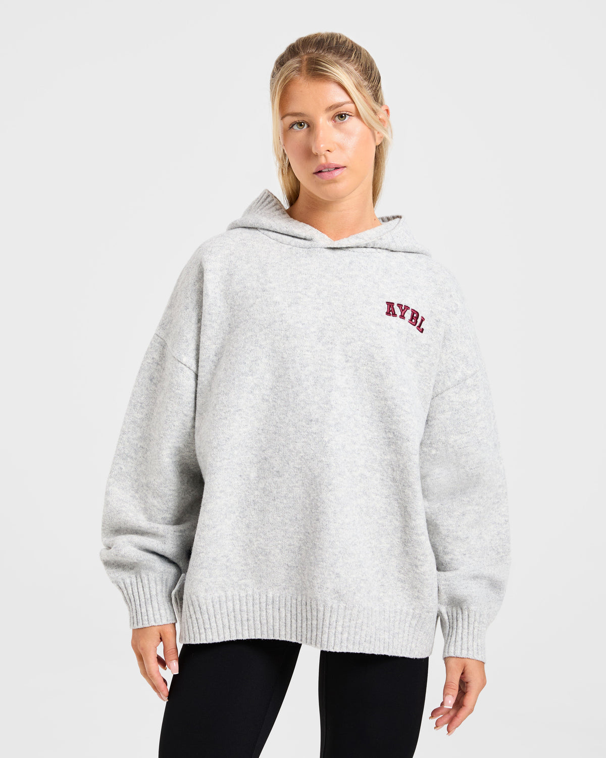 Varsity Minimal Logo Oversized Knitted Hoodie - Grijs Marl/Burgundy