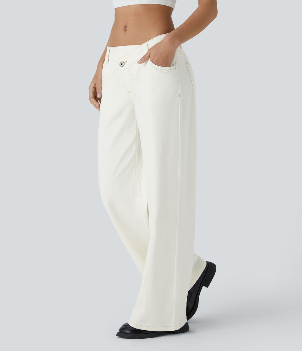 Halara Flex™ Asymmetric Low Rise Zipper Pockets Baggy Wide Leg Washed Casual Jeans