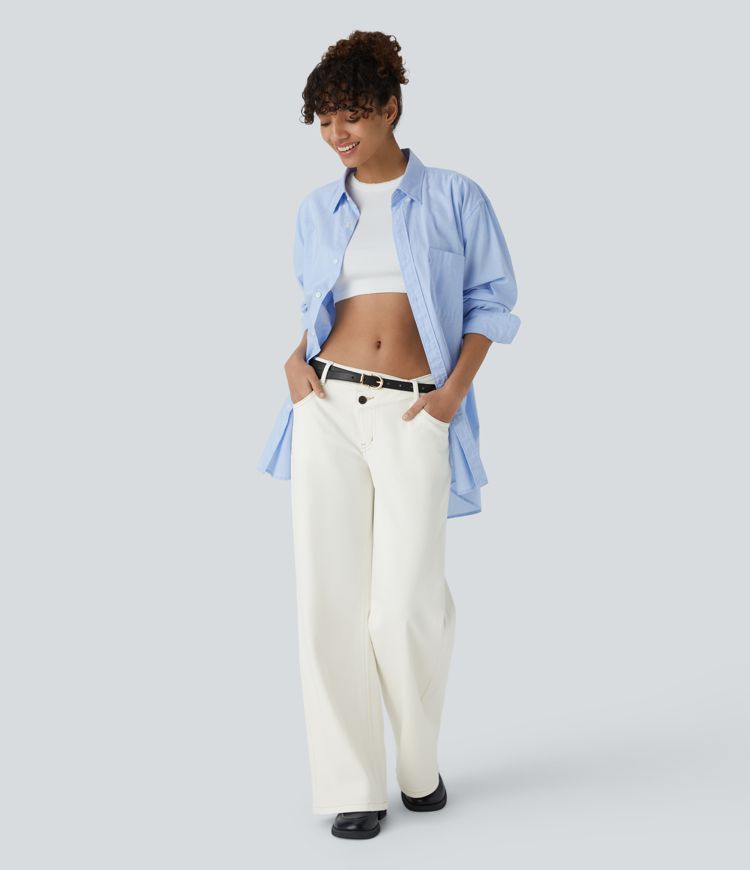 Halara Flex™ Asymmetric Low Rise Zipper Pockets Baggy Wide Leg Washed Casual Jeans
