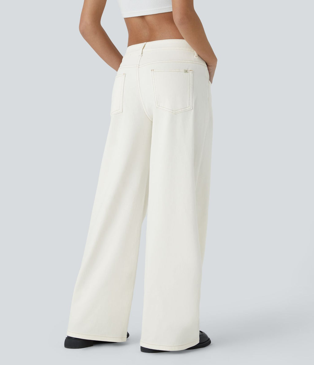 Halara Flex™ Asymmetric Low Rise Zipper Pockets Baggy Wide Leg Washed Casual Jeans