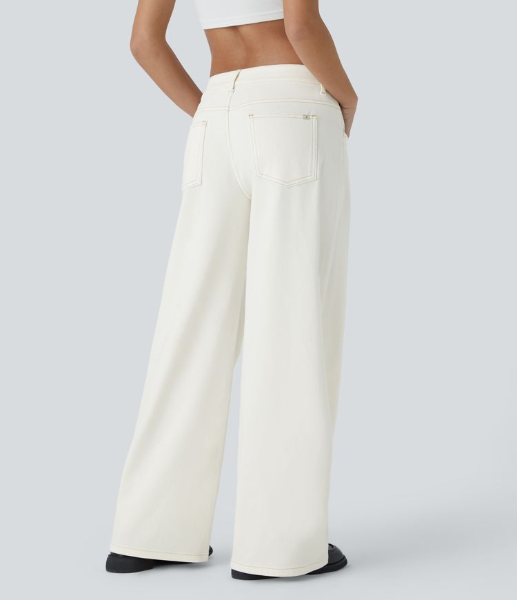 Halara Flex™ Asymmetric Low Rise Zipper Pockets Baggy Wide Leg Washed Casual Jeans
