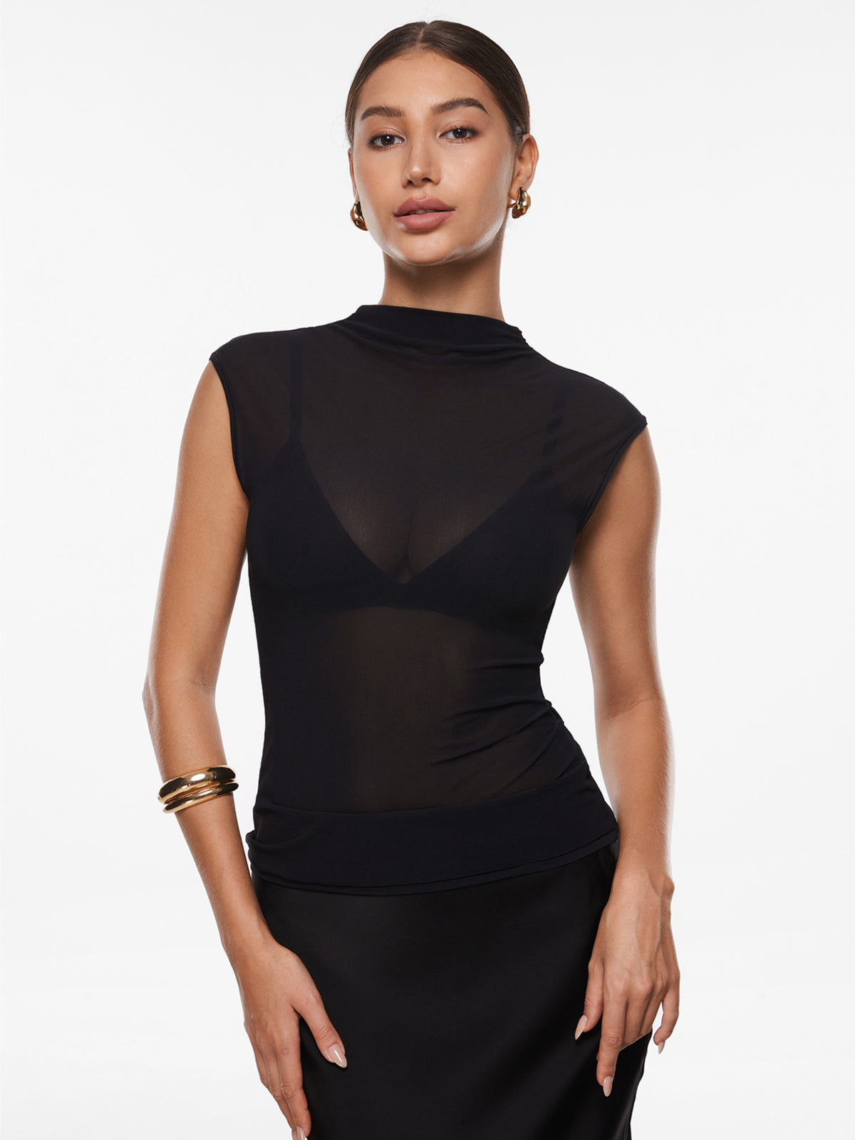 Cosnufy® Sheer Mesh Mock Neck Tank Top