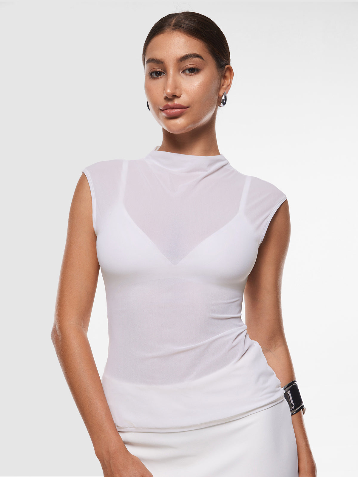 Cosnufy® Sheer Mesh Mock Neck Tank Top