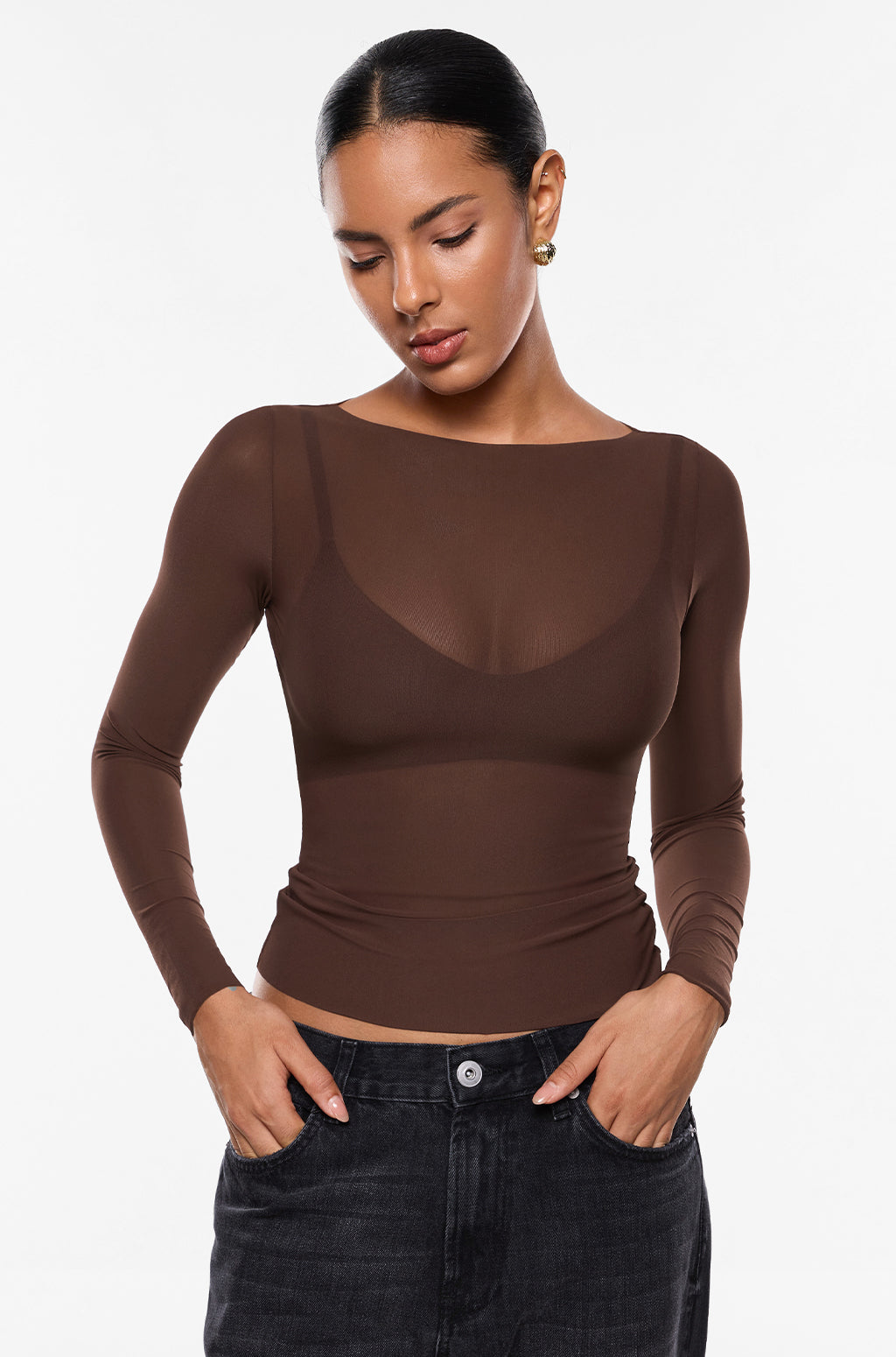 Cosnufy® Mesh Boat Neck Long Sleeve Top