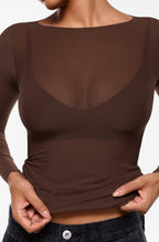 Cosnufy® Mesh Boat Neck Long Sleeve Top