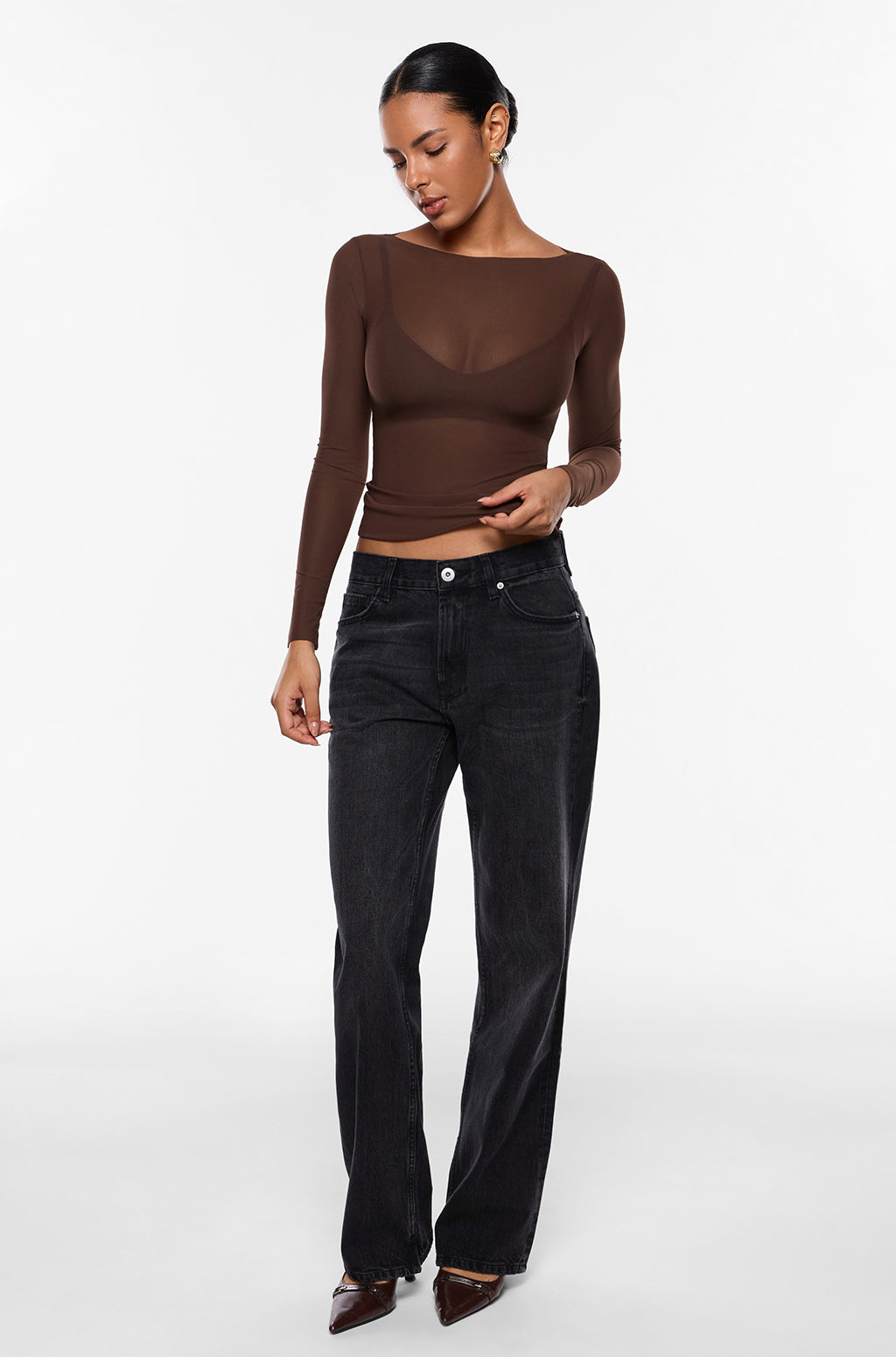 Cosnufy® Mesh Boat Neck Long Sleeve Top