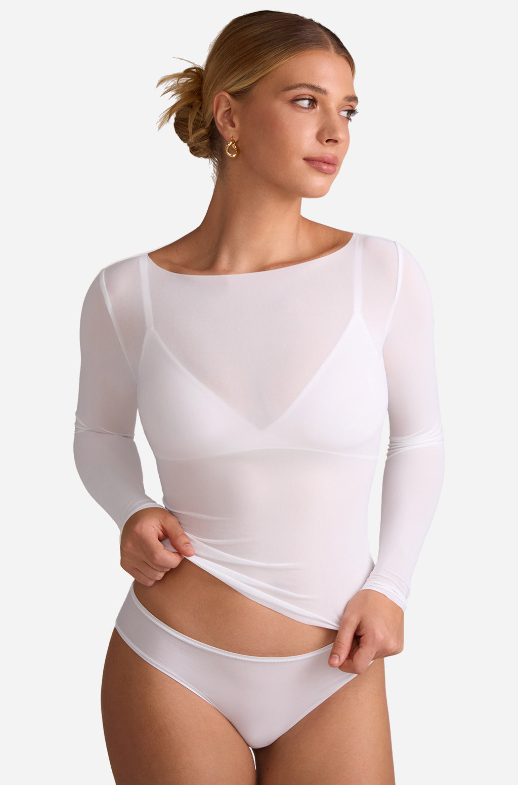 Cosnufy® Mesh Boat Neck Long Sleeve Top