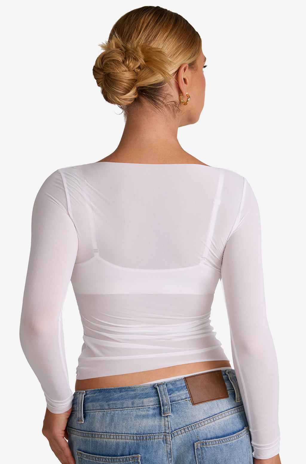 Cosnufy® Mesh Boat Neck Long Sleeve Top