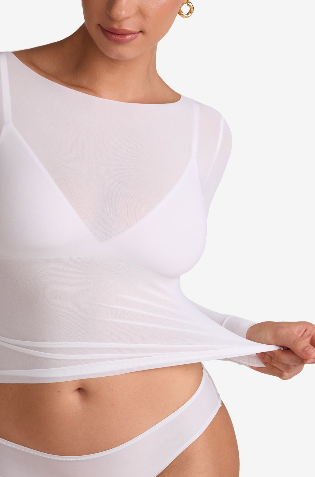 Cosnufy® Mesh Boat Neck Long Sleeve Top