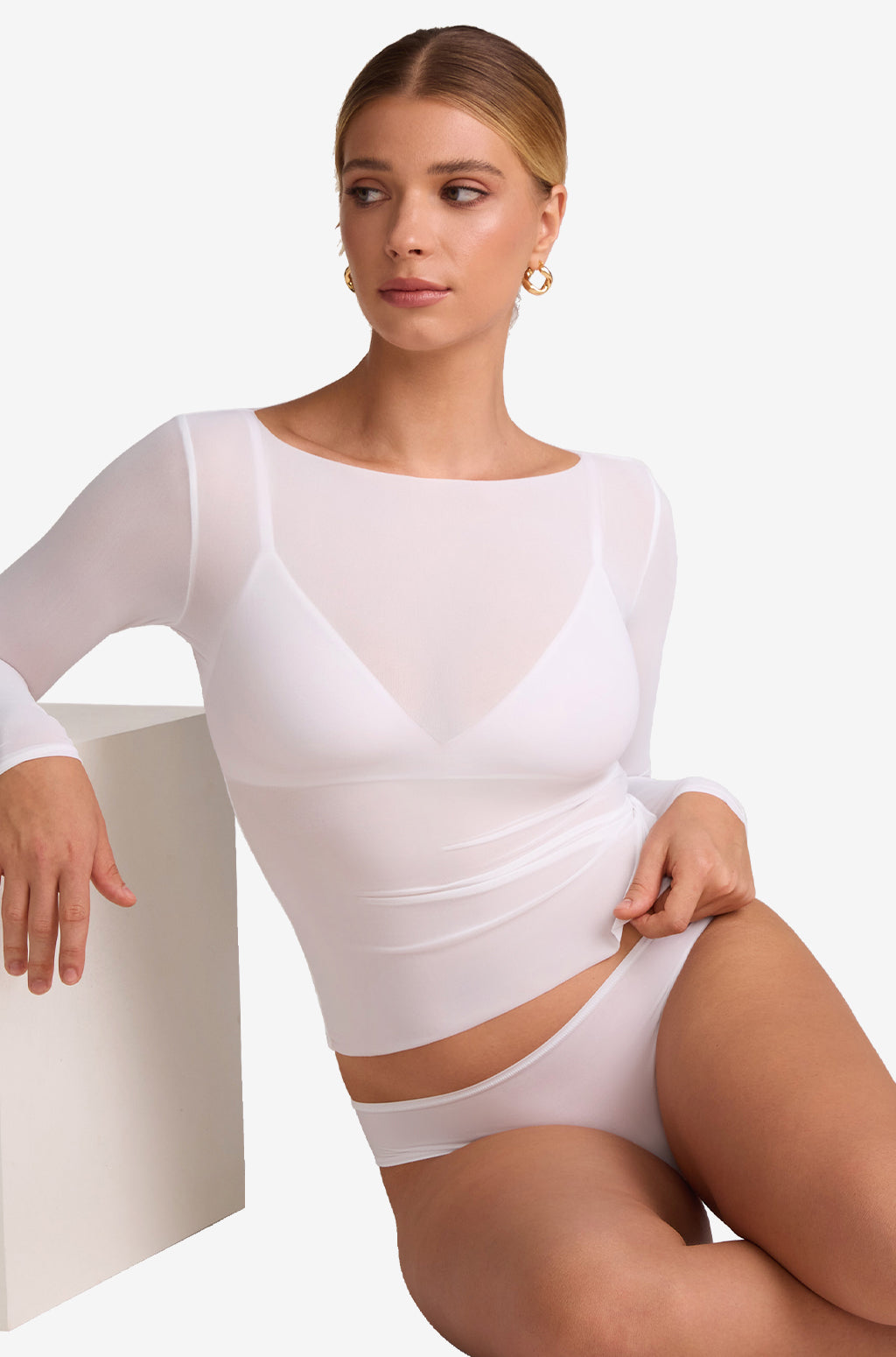 Cosnufy® Mesh Boat Neck Long Sleeve Top