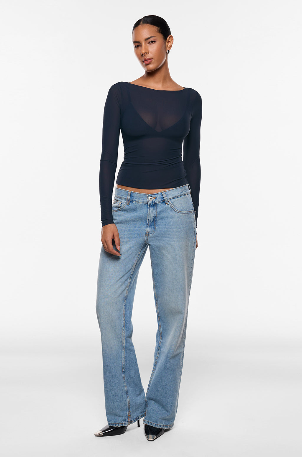 Cosnufy® Mesh Boat Neck Long Sleeve Top