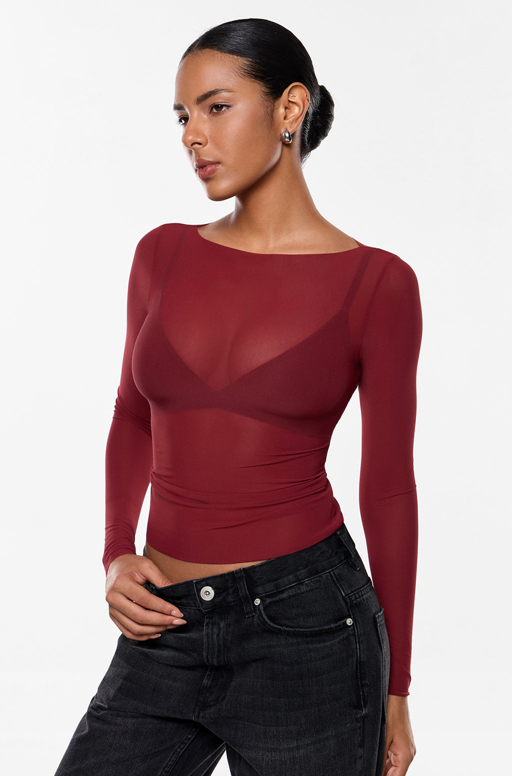 Cosnufy® Mesh Boat Neck Long Sleeve Top