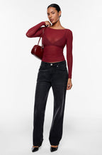 Cosnufy® Mesh Boat Neck Long Sleeve Top